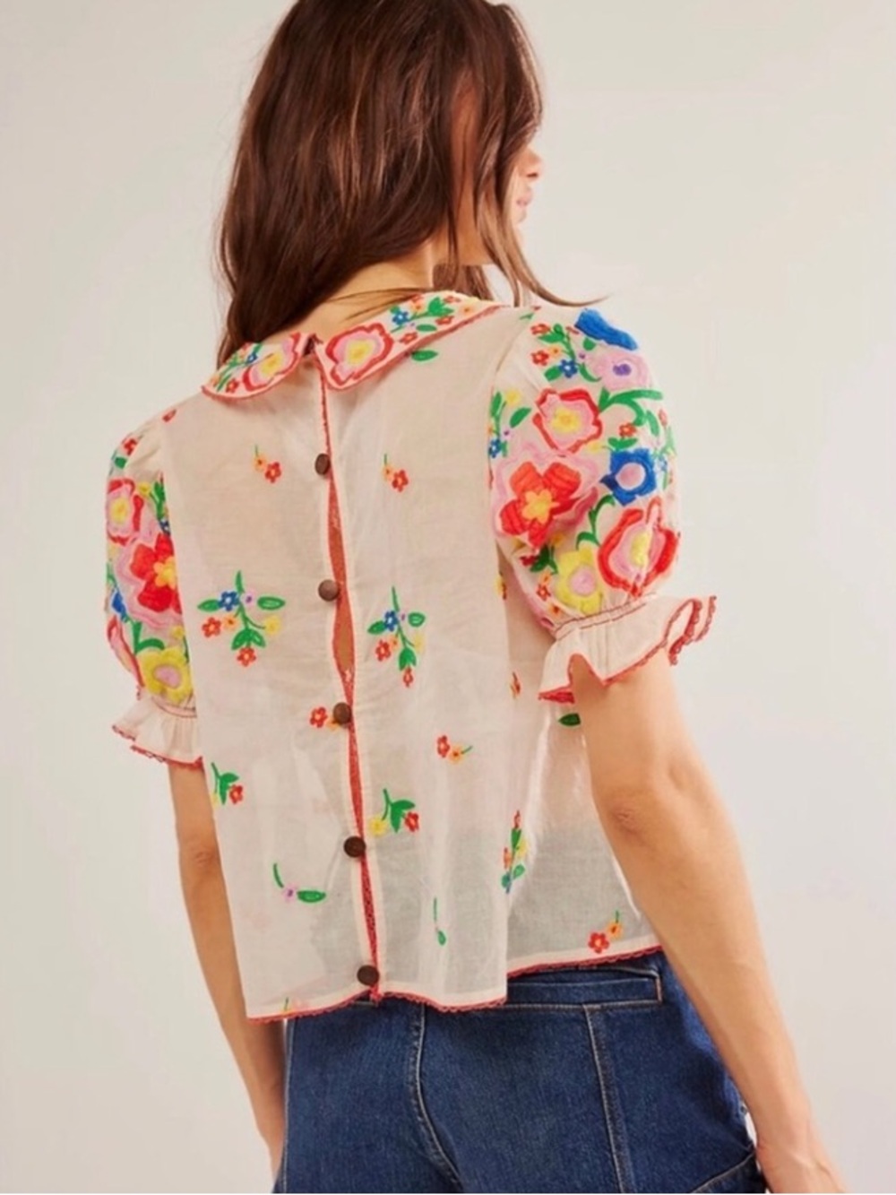 Bloggers fave Free People Flowers of Love embroidered sheer top ecru SZ small - Picture 3 of 16